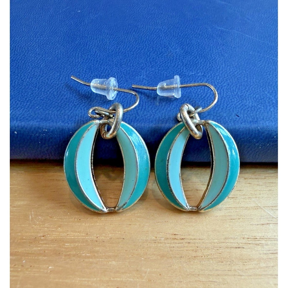 Vintage Turquoise Enamel Inlay Drop Earrings Silver Tone Boho Crescent